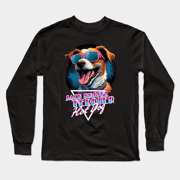 Retro Wave Jack Russel Terrier Hot Dog Shirt Long Sleeve T-Shirt by Miami Neon Designs